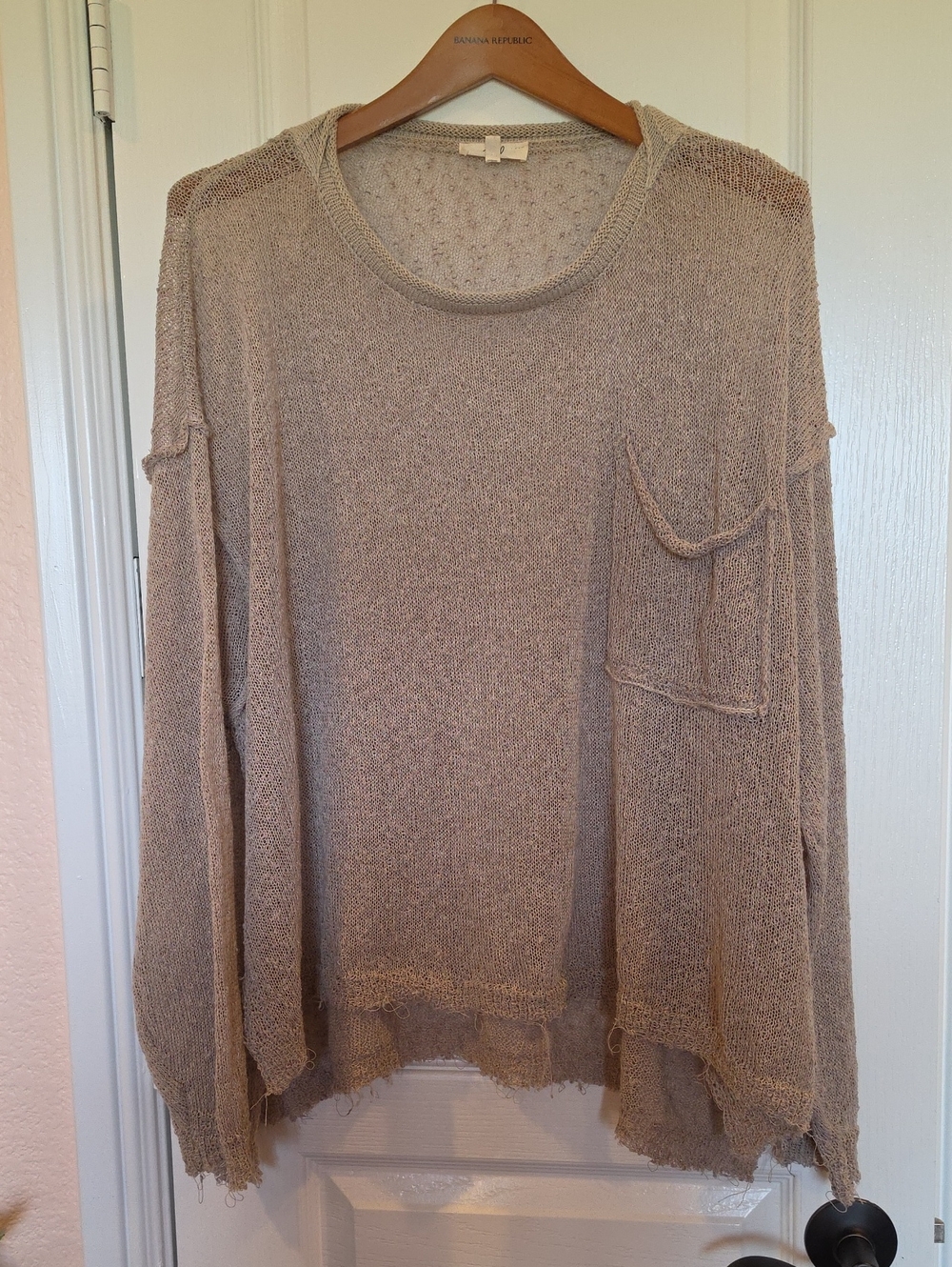 Small, Taupe Raw-Edge Scoop Neck Grunge Sweater with Front Pocket